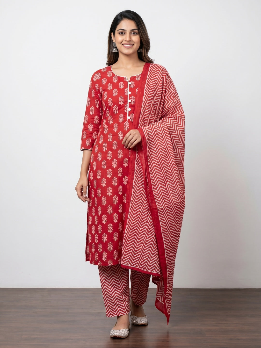Red Floral Printed Cotton Blend Dress Material - Image 1