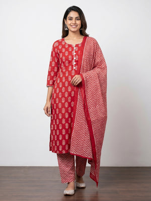 Red Floral Printed Cotton Blend Dress Material - Image 1