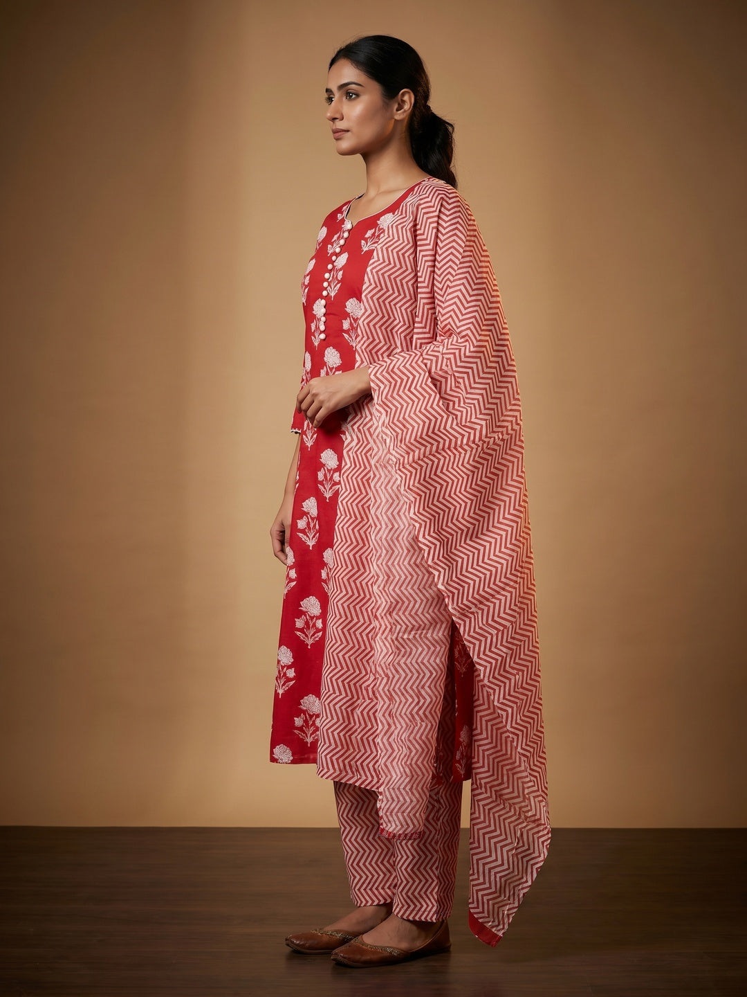 Red Floral Printed Cotton Blend Dress Material - Image 3
