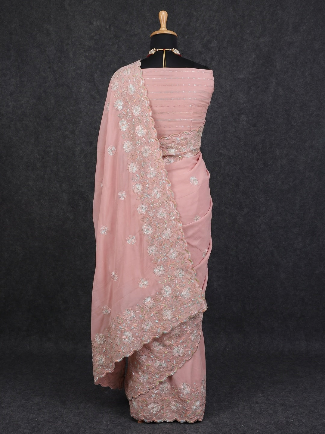 Dusty Pink Floral Sequins Embroidered Crepe Silk Saree - Image 3