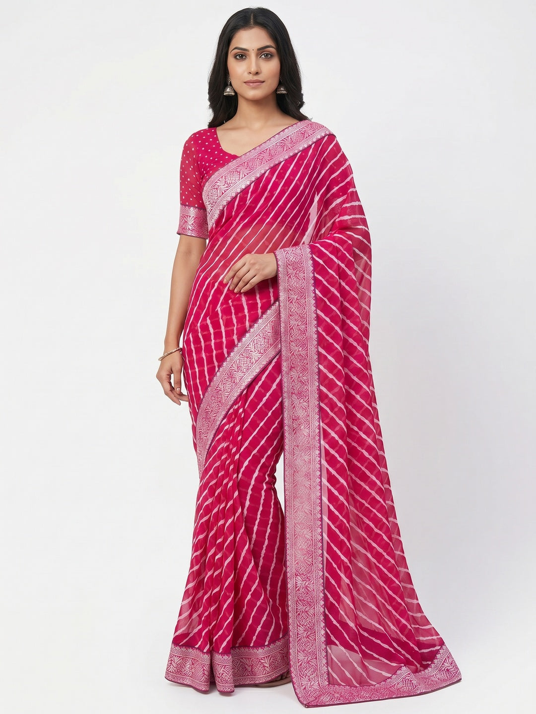 Pink Leheriya Printed Georgette Saree With Woven Border - Image 1
