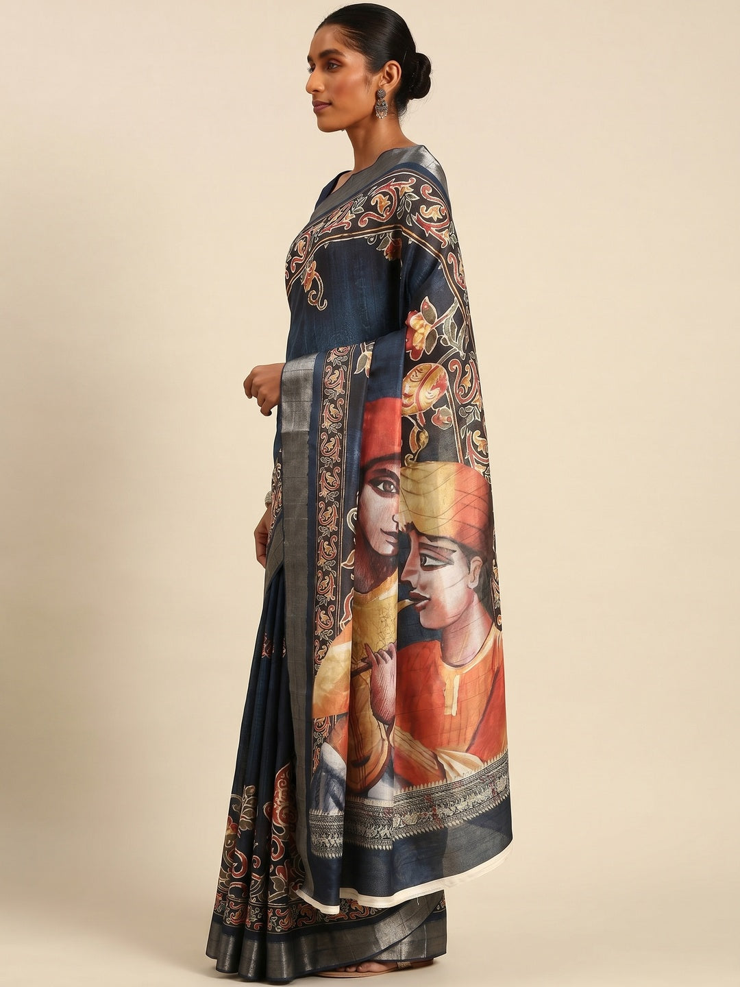 Blue Digital Printed Cotton Blend Saree With Woven Border - Image 3