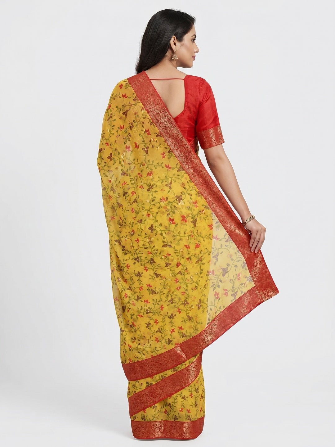Yellow Floral Foil Printed Chiffon Saree - Image 3