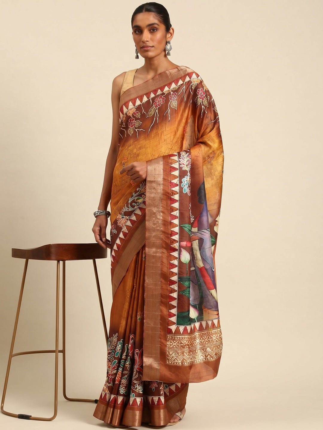 Orange Digital Printed Cotton Blend Saree With Woven Border - Image 1