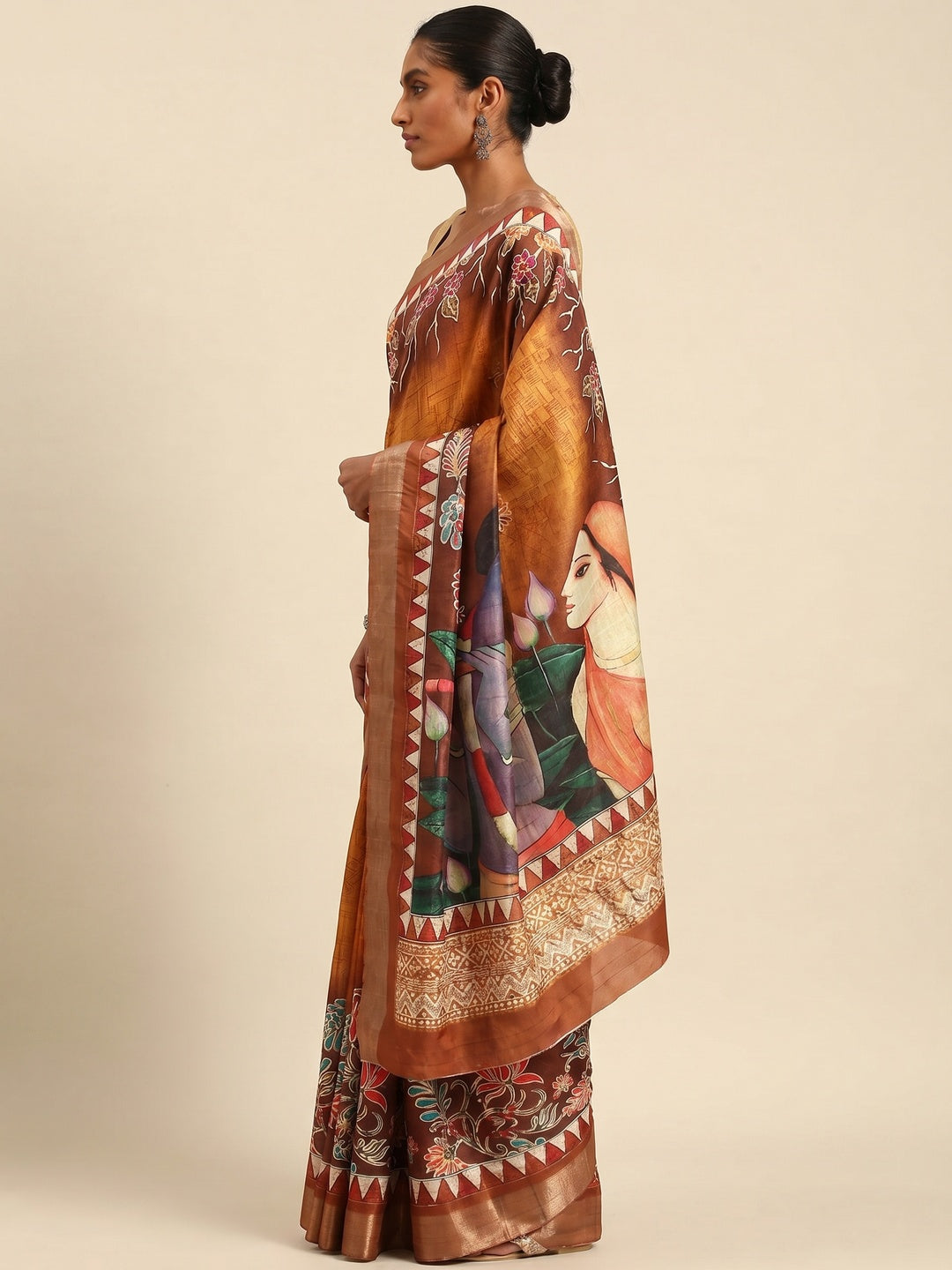 Orange Digital Printed Cotton Blend Saree With Woven Border - Image 3