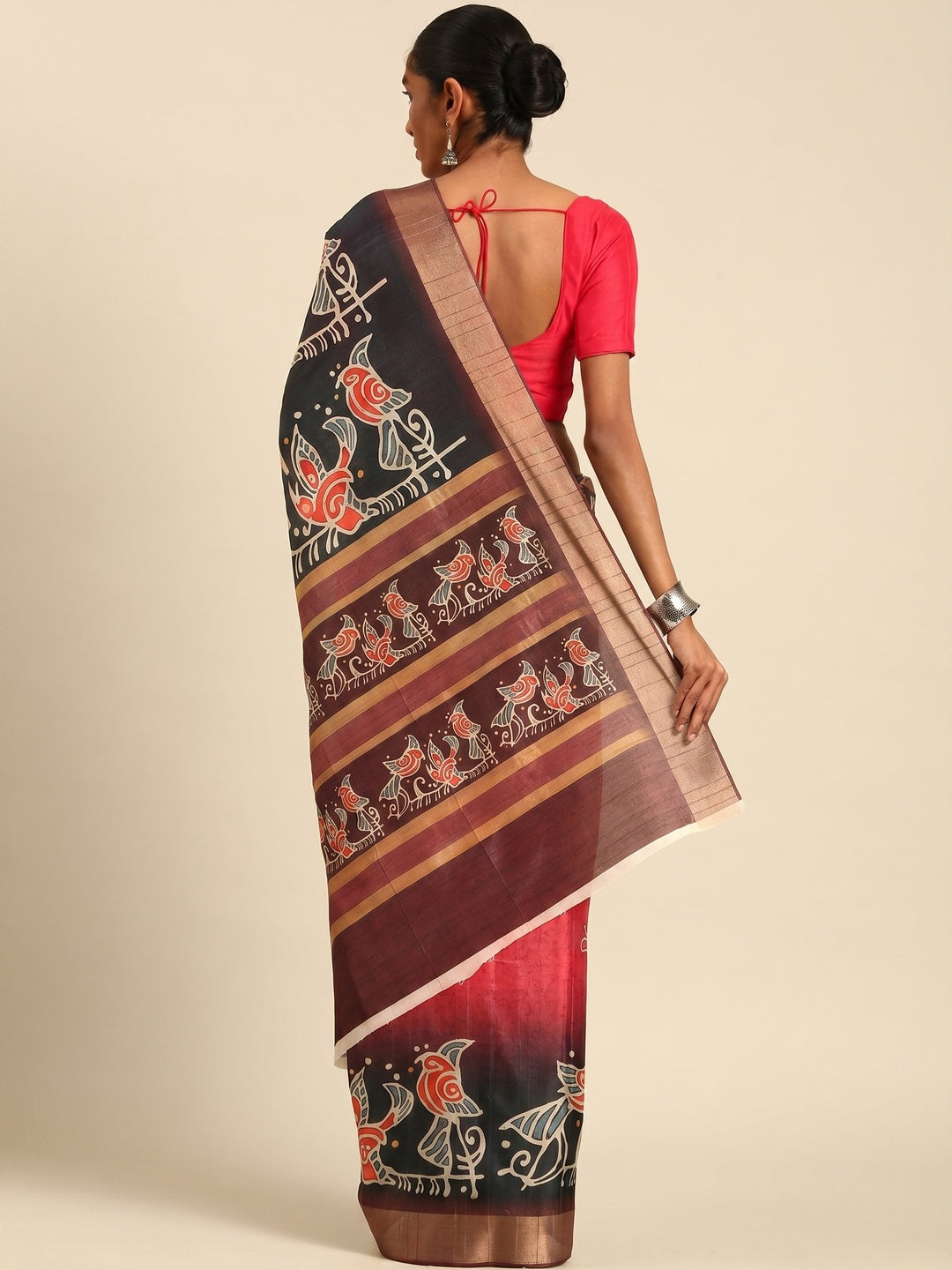 Pink & Black Digital Printed Cotton Blend Saree With Woven Border - Image 2