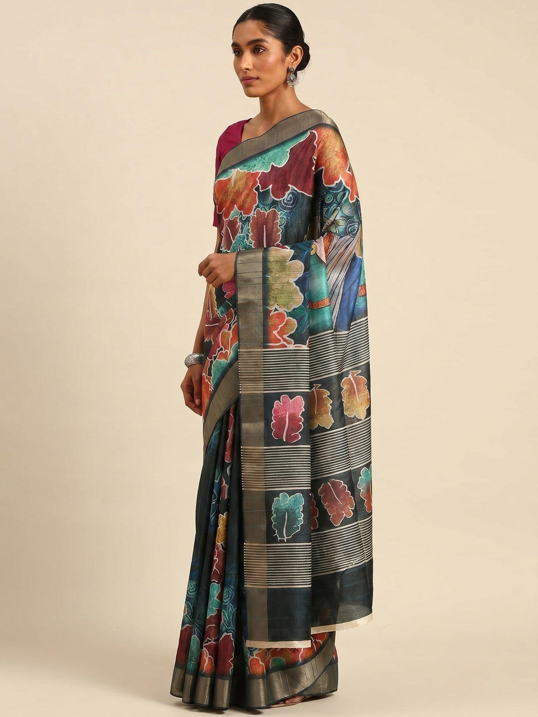 Teal Digital Printed Cotton Blend Saree With Woven Border - Image 3