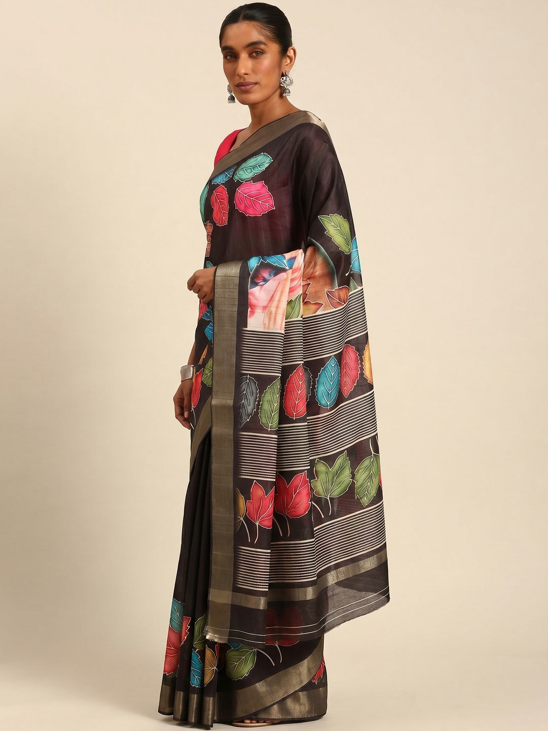 Black Digital Printed Cotton Blend Saree With Woven Border - Image 2