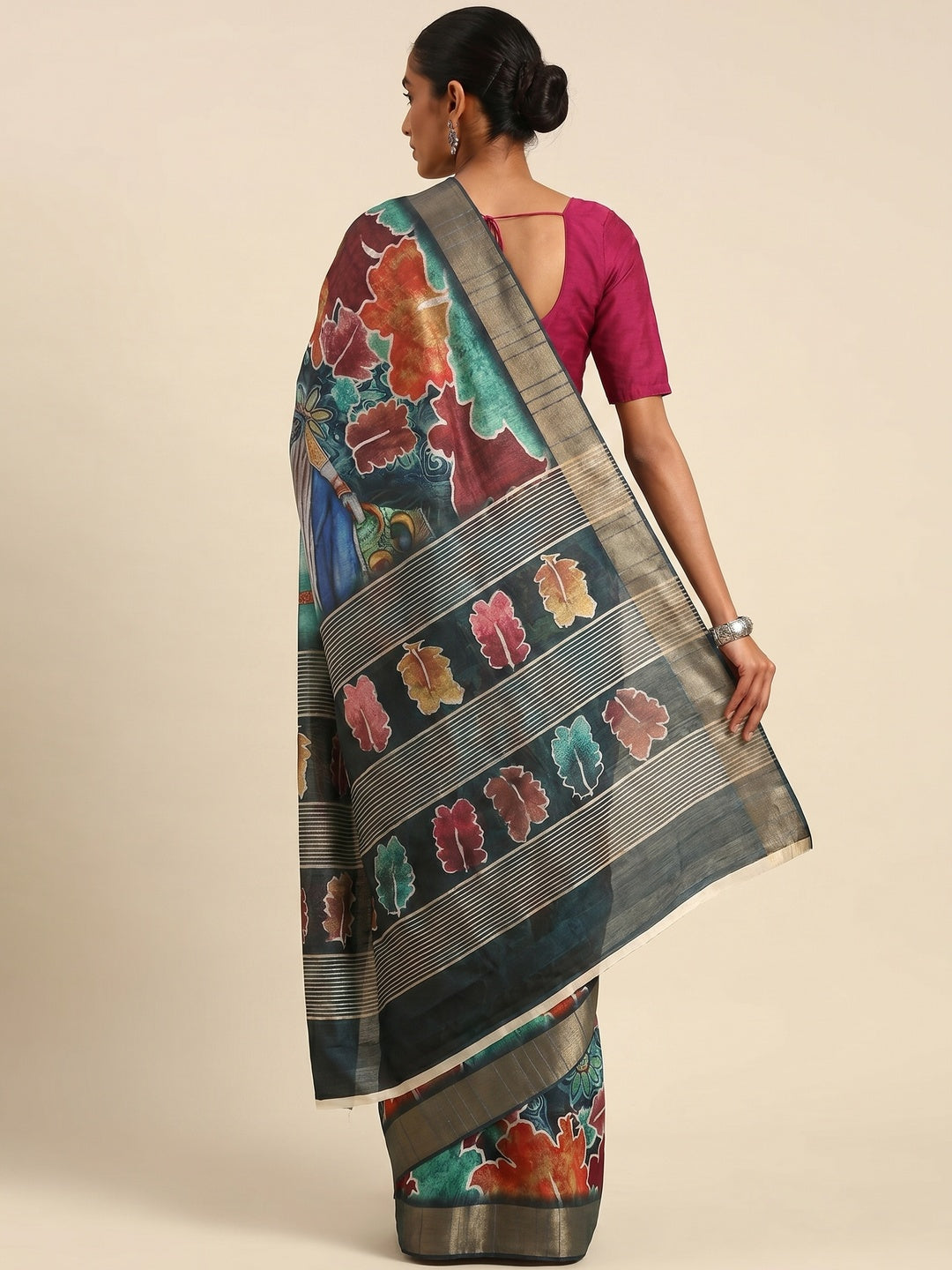 Teal Digital Printed Cotton Blend Saree With Woven Border - Image 2