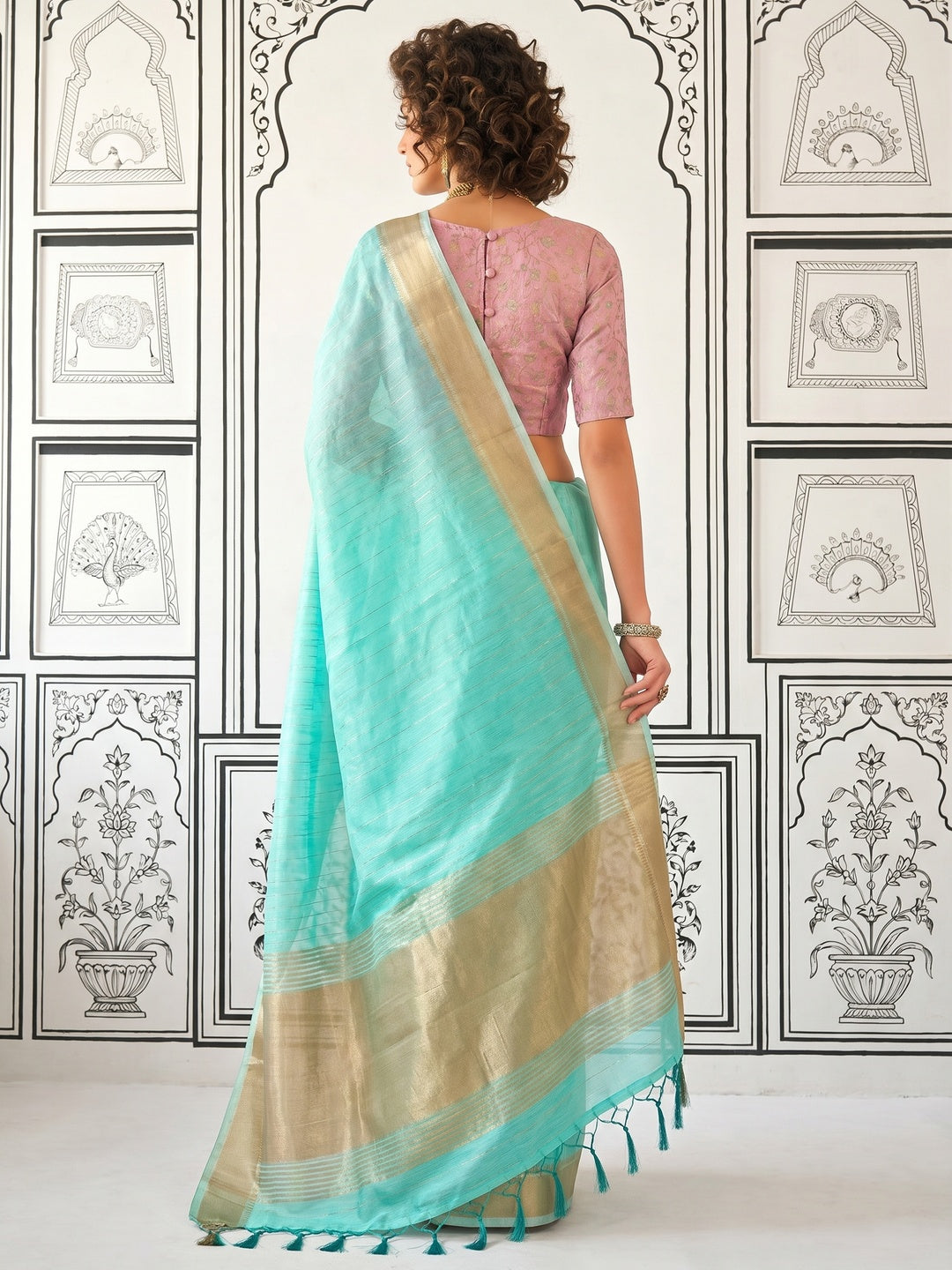 Turquoise Woven Zari Chiffon Saree - Image 1