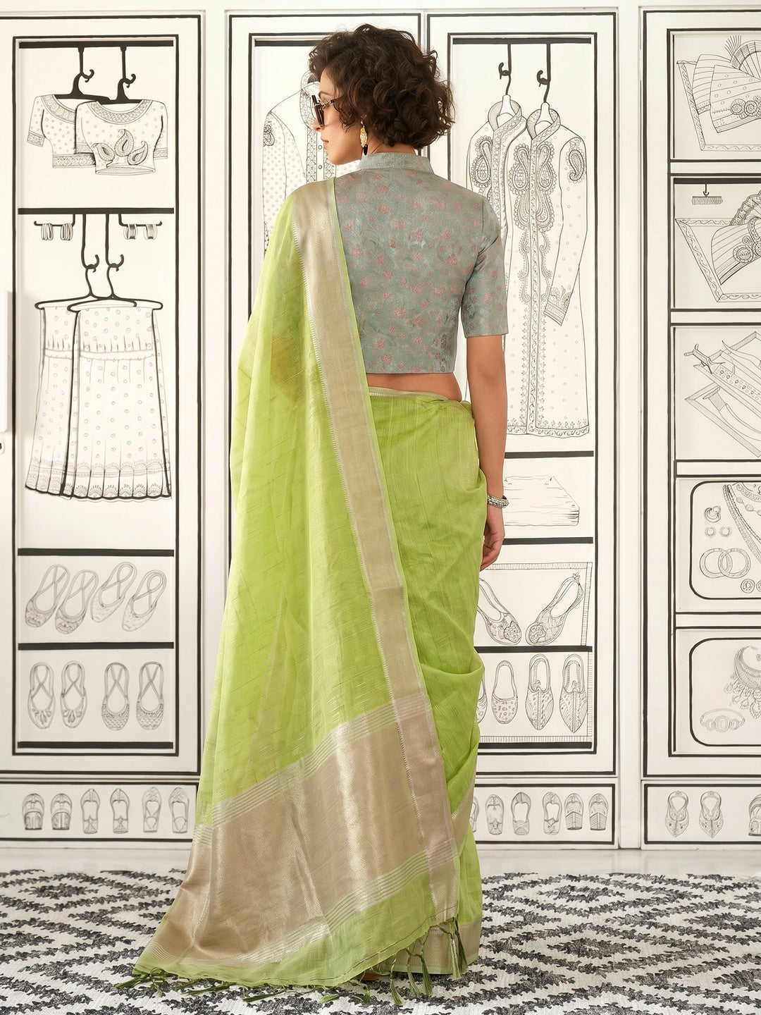 Green Woven Zari Chiffon Saree - Image 1