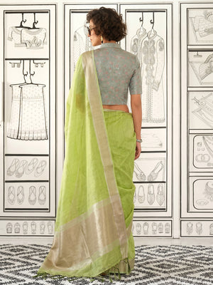 Green Woven Zari Chiffon Saree - Image 1
