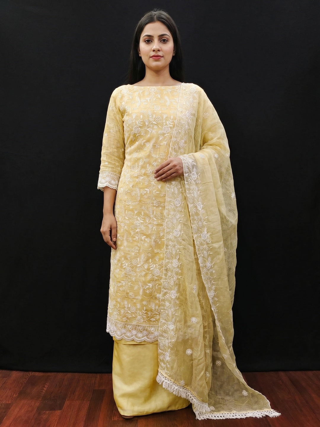 Yellow Floral Embroidered Kota Doria Dress Material - Image 1