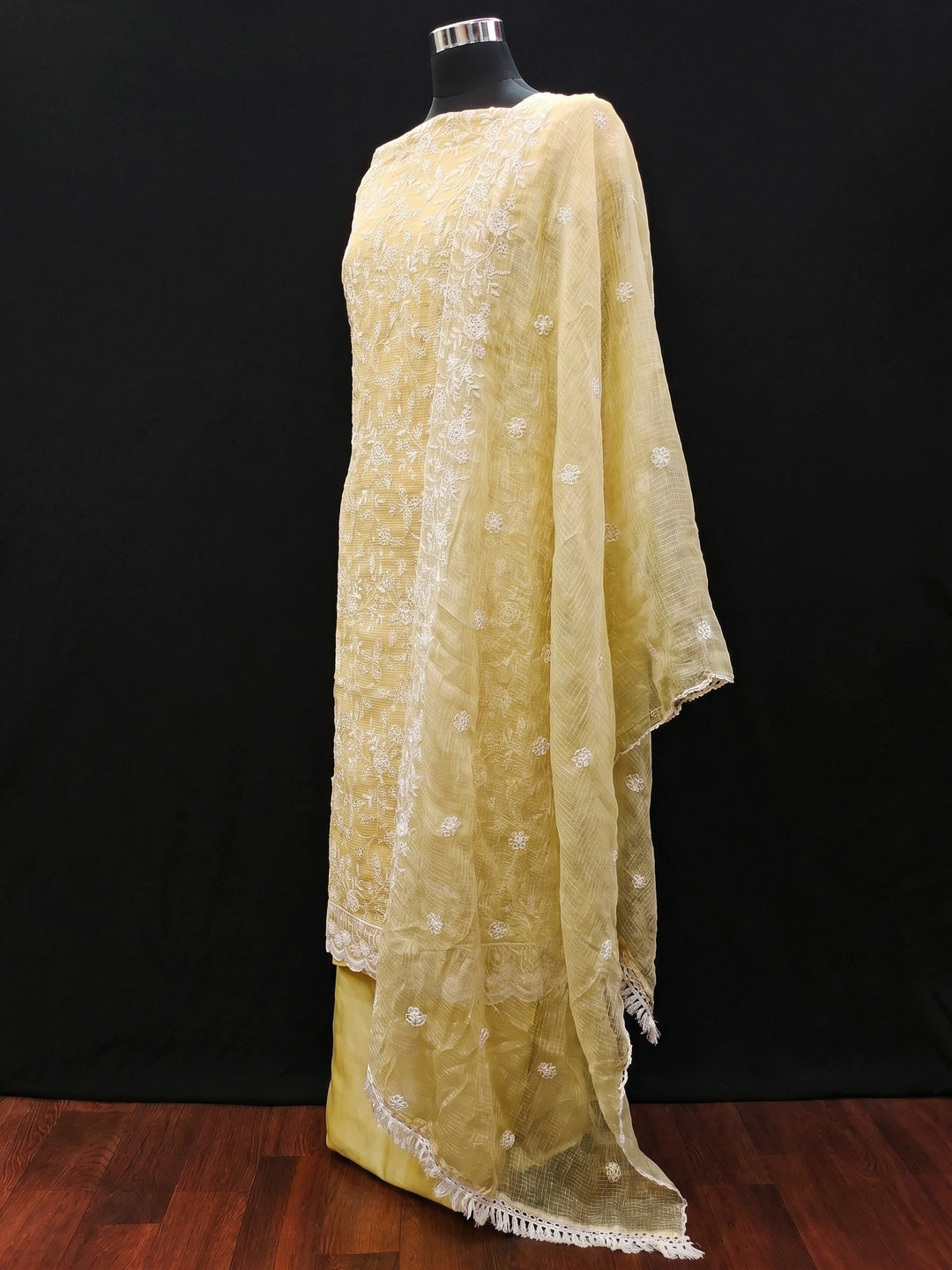 Yellow Floral Embroidered Kota Doria Dress Material - Image 2