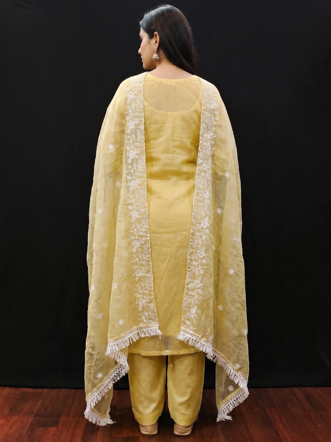 Yellow Floral Embroidered Kota Doria Dress Material - Image 3