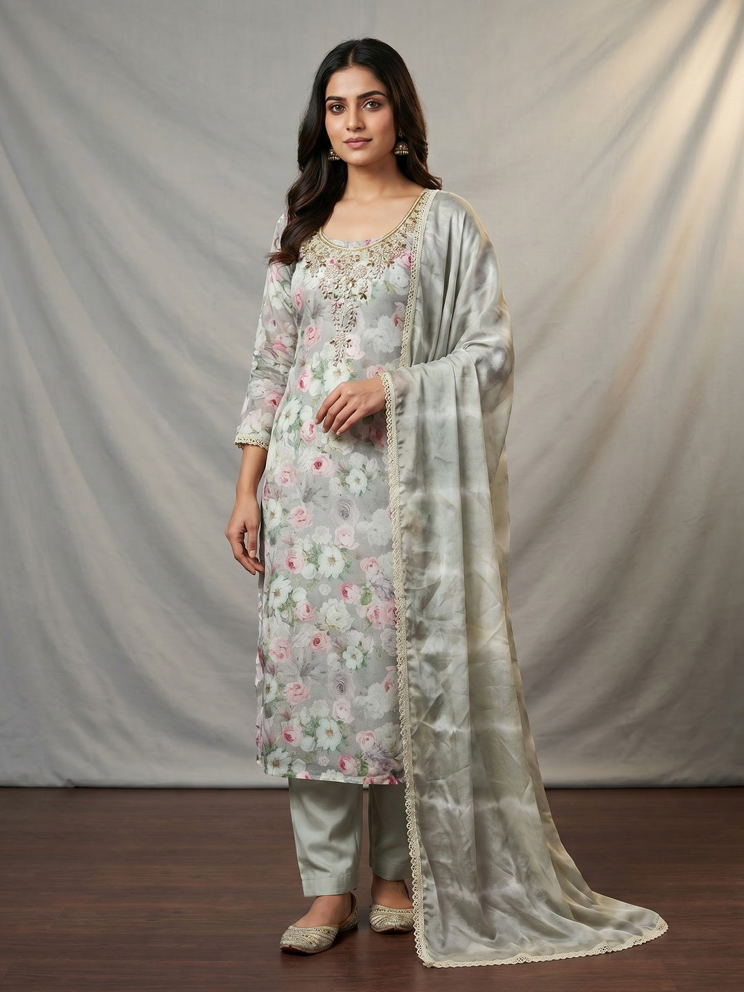 Grey Floral Digital Printed With Hand Embroidery Muslin Dress Material - Image 1