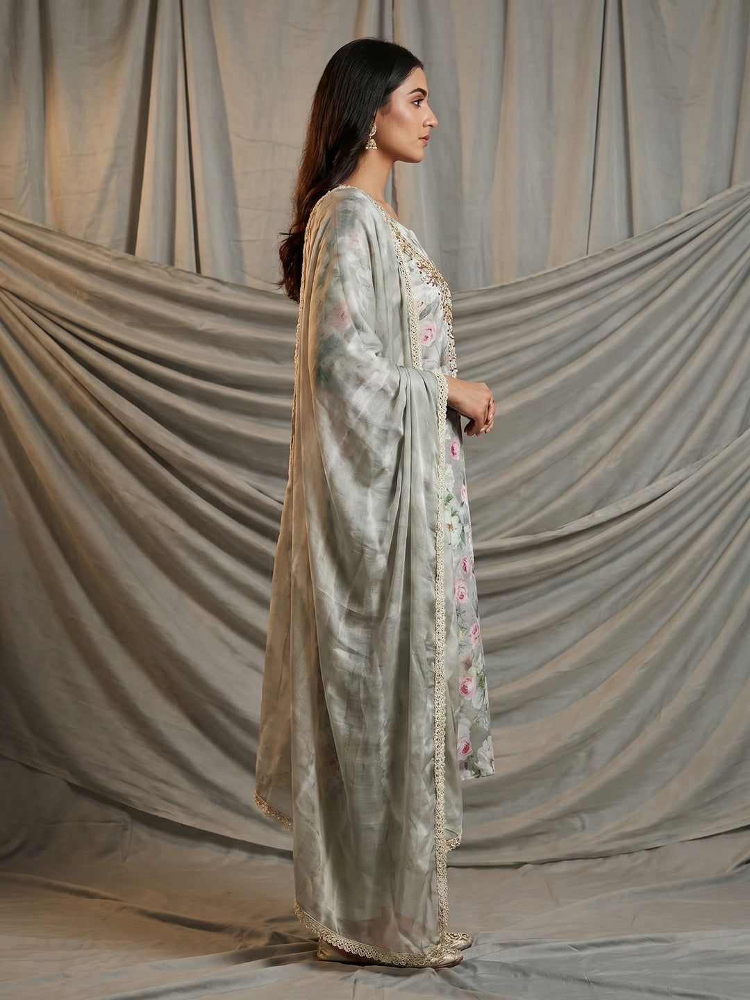 Grey Floral Digital Printed With Hand Embroidery Muslin Dress Material - Image 3