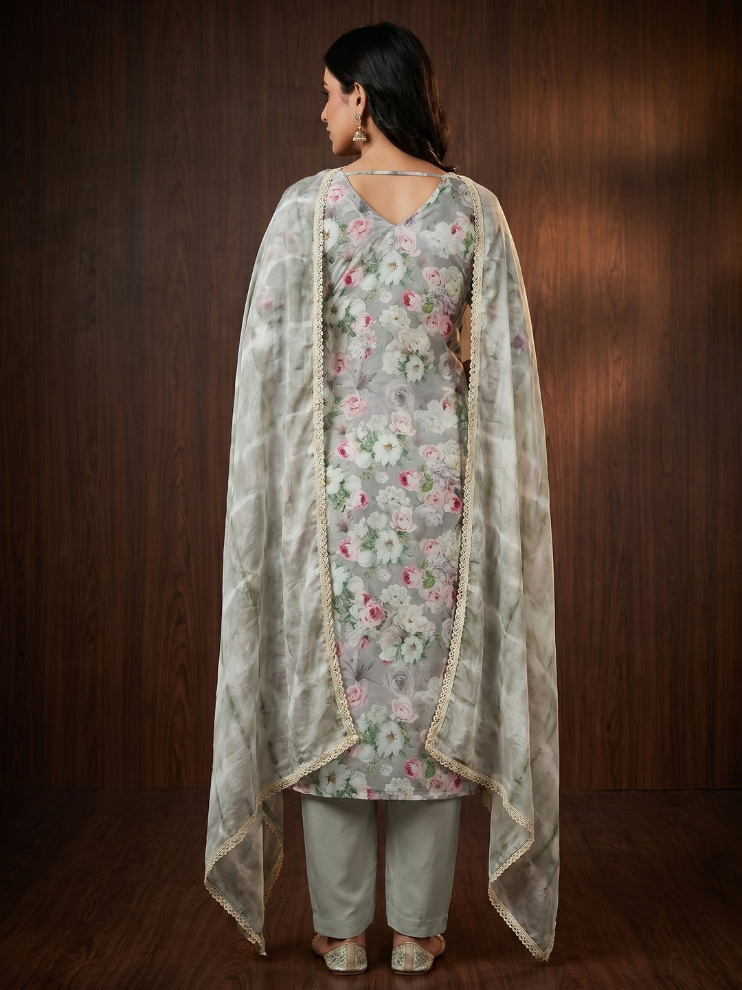 Grey Floral Digital Printed With Hand Embroidery Muslin Dress Material - Image 2