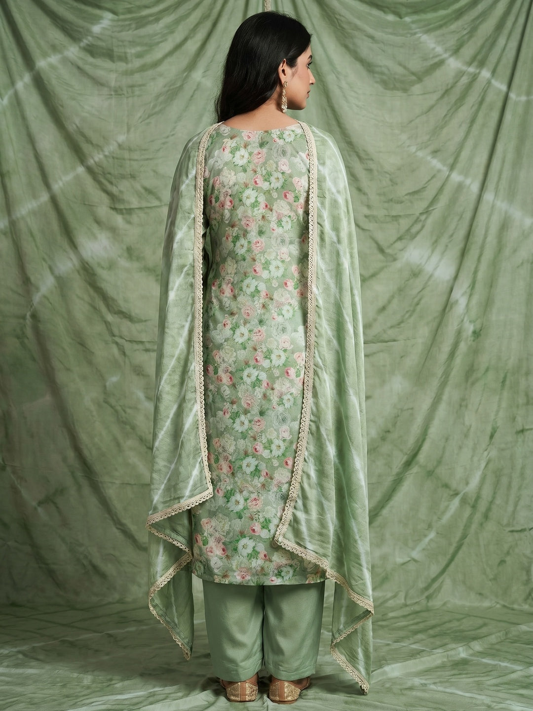 Green Floral Digital Printed With Hand Embroidery Muslin Dress Material - Image 3