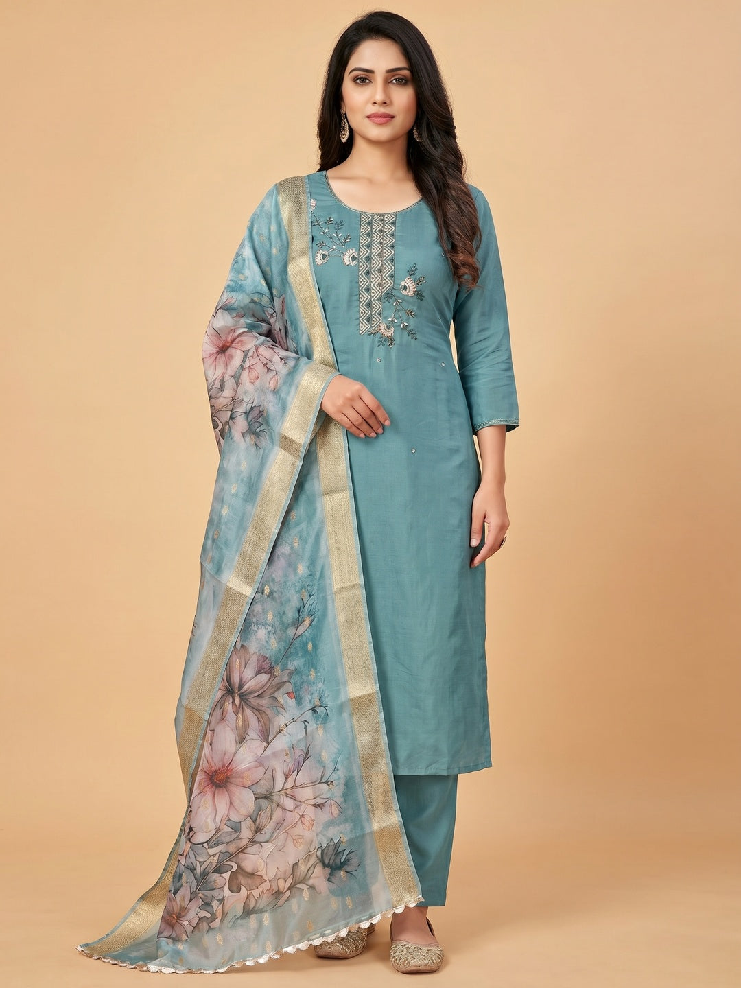 Blue Floral Hand Embroidered Cotton Silk Dress Material - Image 1