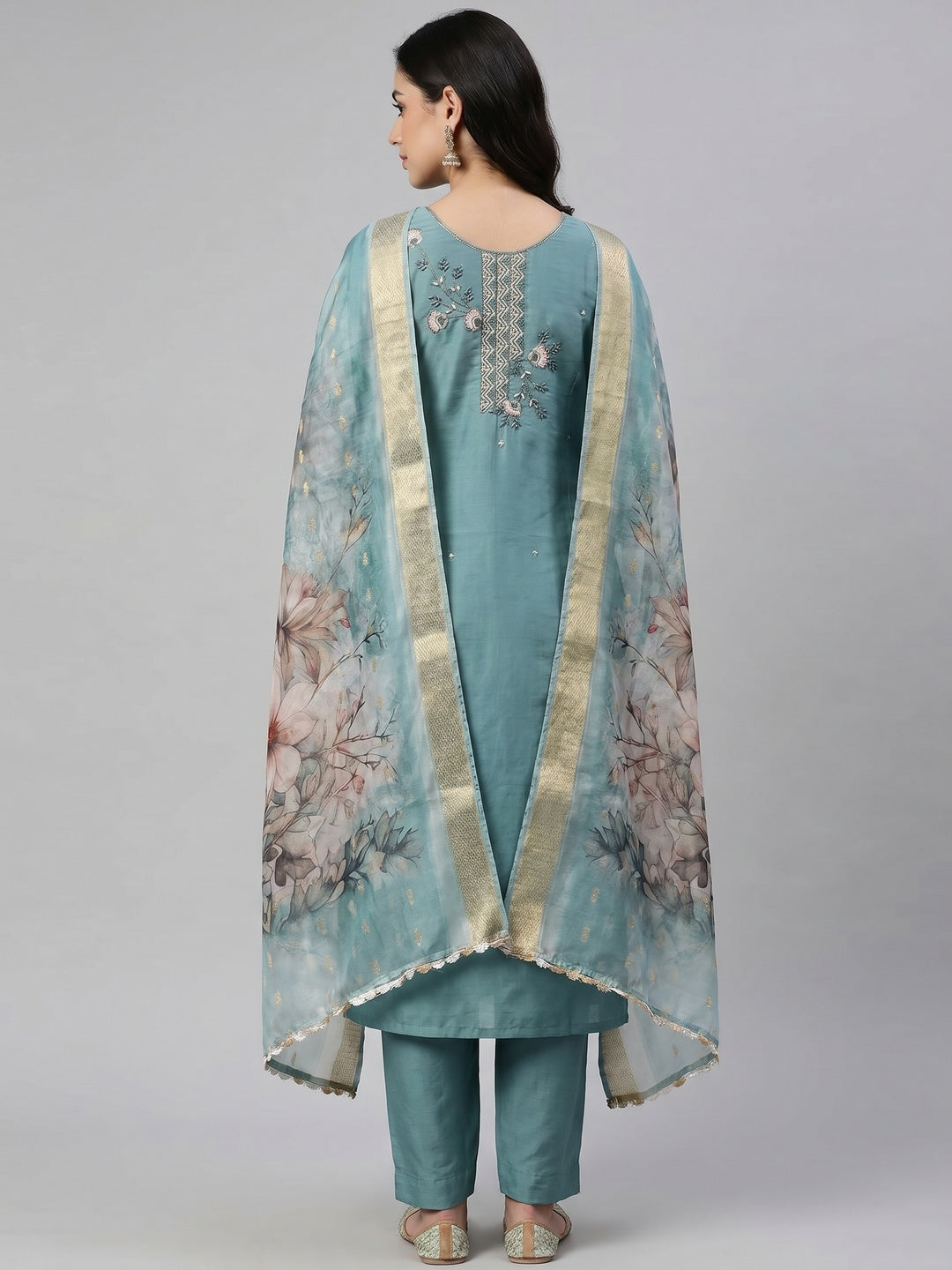 Blue Floral Hand Embroidered Cotton Silk Dress Material - Image 3