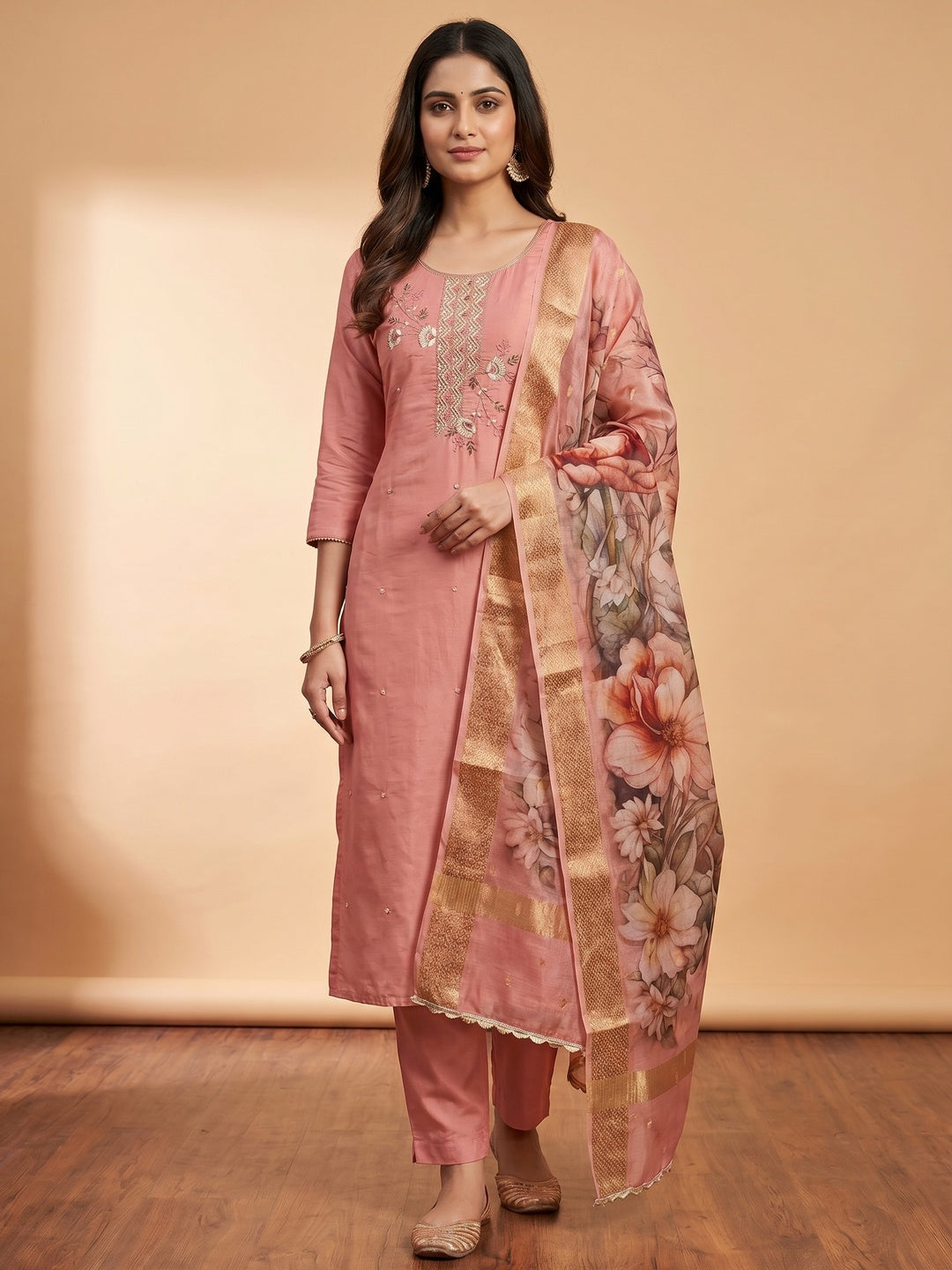 Peach Floral Hand Embroidered Cotton Silk Dress Material - Image 1