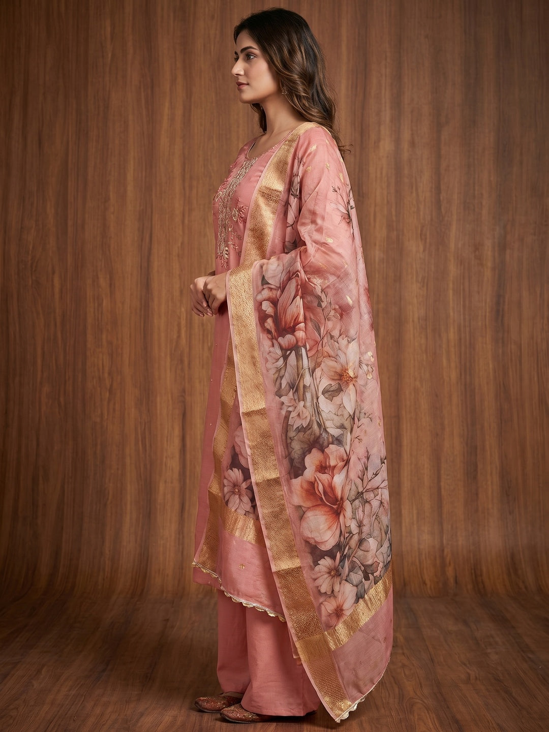 Peach Floral Hand Embroidered Cotton Silk Dress Material - Image 3