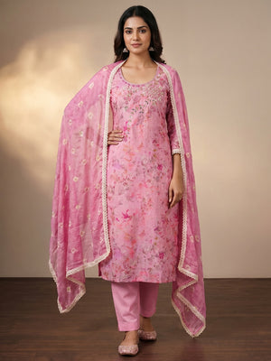 Pink Printed With Hand Embroidery Pure Cotton Dress Material - Image 1