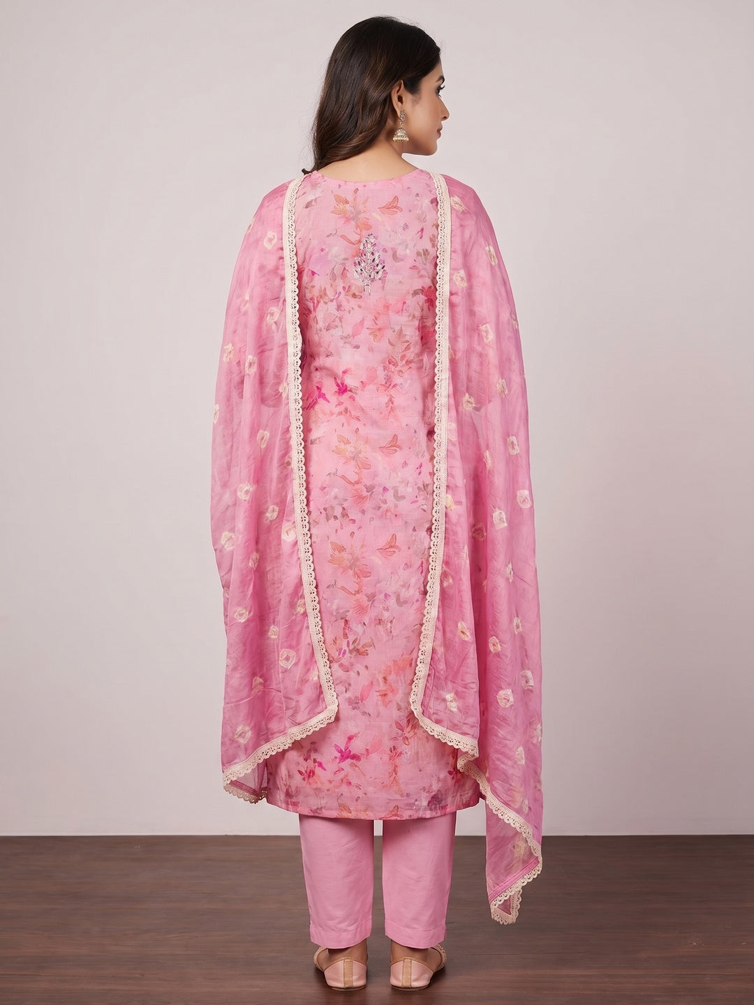 Pink Printed With Hand Embroidery Pure Cotton Dress Material - Image 2