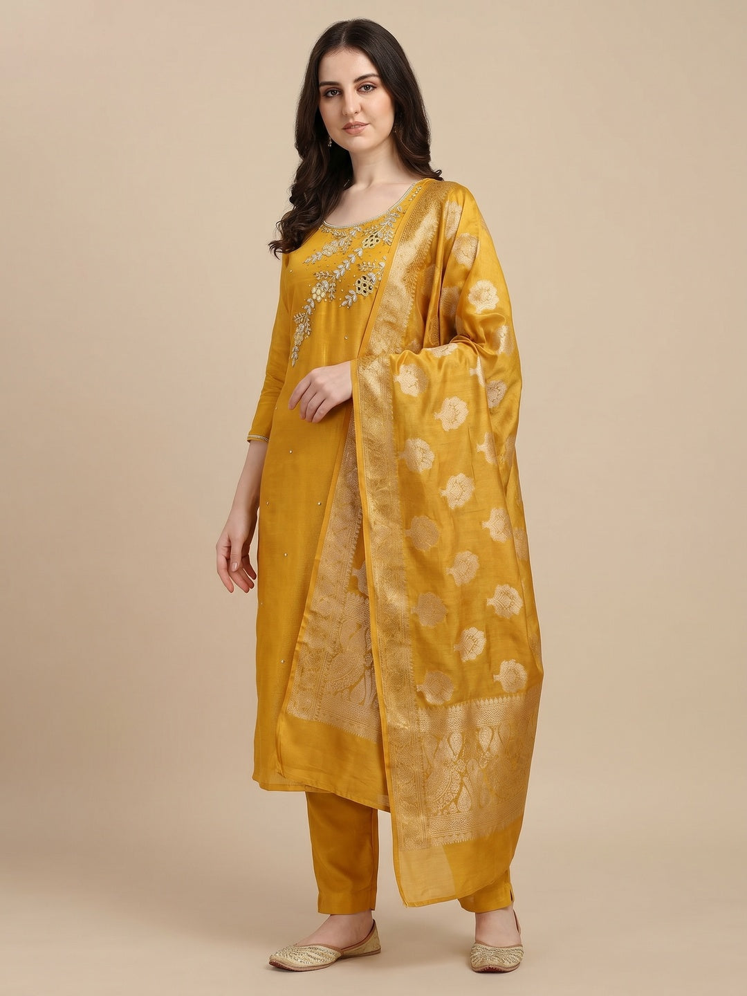 Yellow Floral Hand Embroidered Viscose Dress Material - Image 1