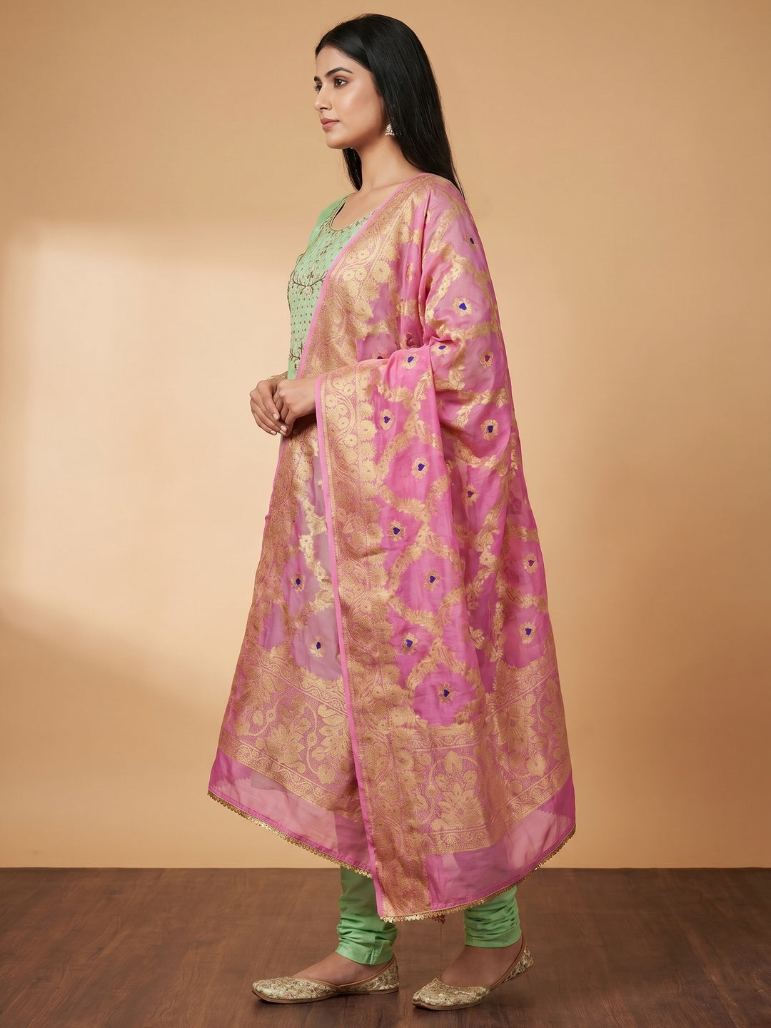 Green Woven With Hand Embroidered Chanderi Dress Material - Image 3