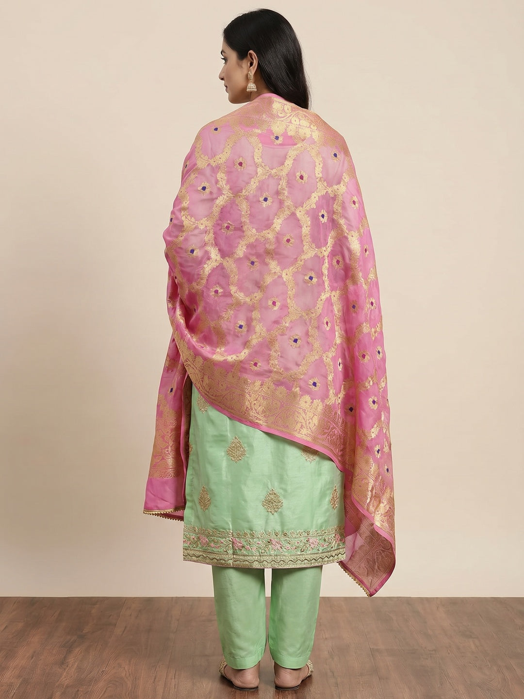Green Woven With Hand Embroidered Chanderi Dress Material - Image 2