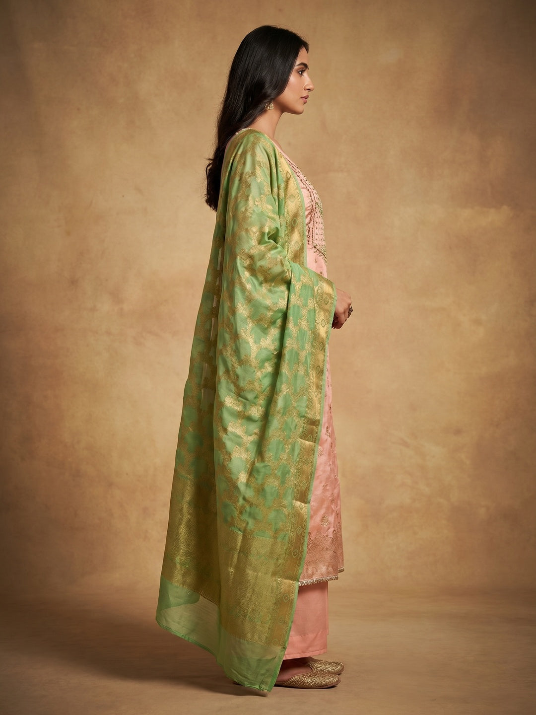 Peach Woven With Hand Embroidered Chanderi Dress Material - Image 2