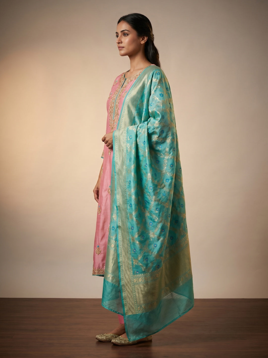 Pink Woven With Hand Embroidered Chanderi Dress Material - Image 2