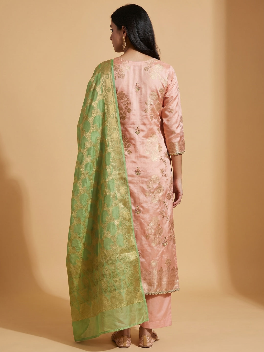 Peach Woven With Hand Embroidered Chanderi Dress Material - Image 3