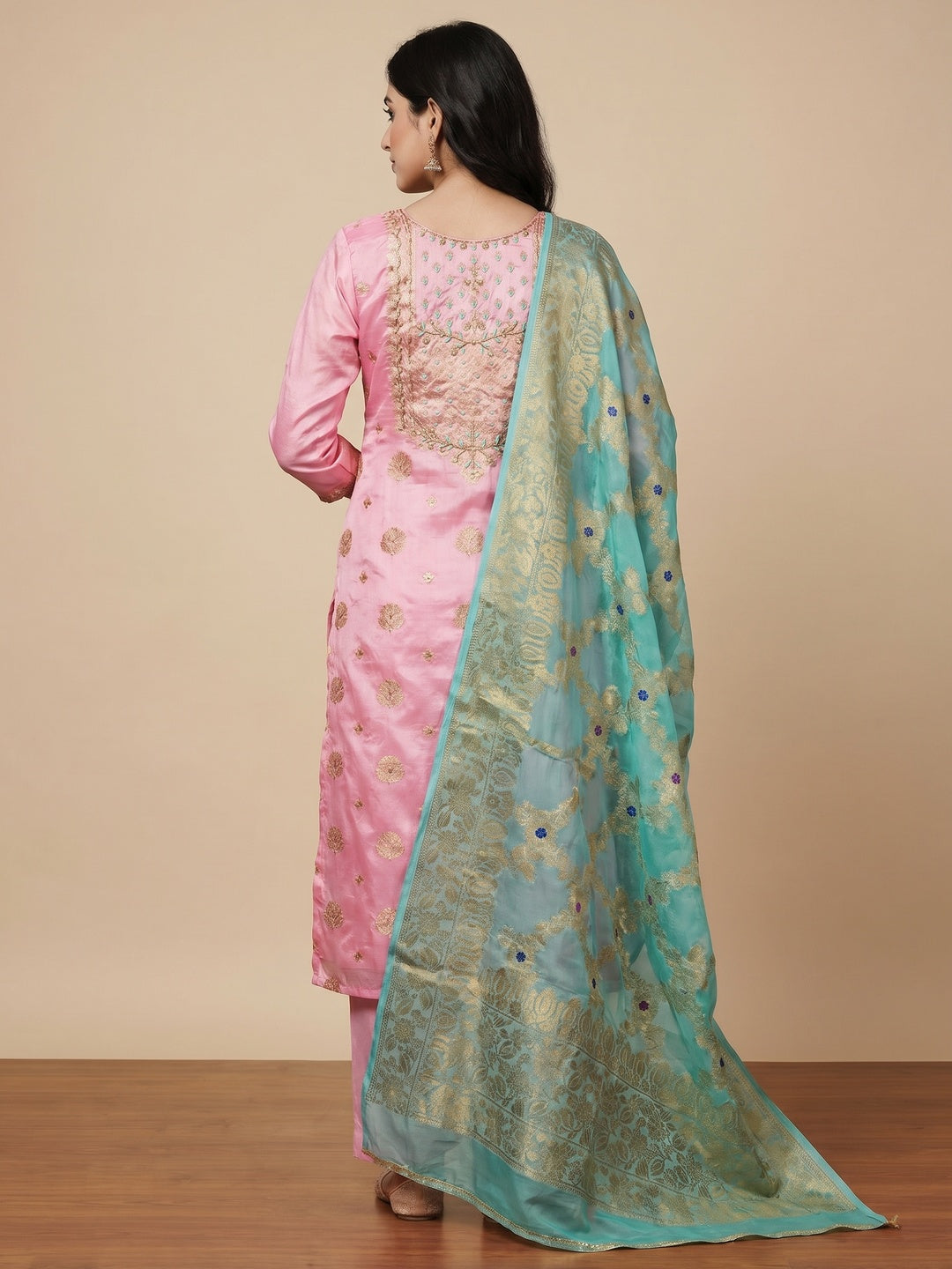 Pink Woven With Hand Embroidered Chanderi Dress Material - Image 3