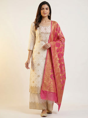 Offwhite Woven With Hand Embroidered Chanderi Dress Material - Image 1