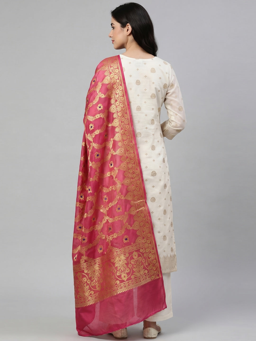 Offwhite Woven With Hand Embroidered Chanderi Dress Material - Image 2