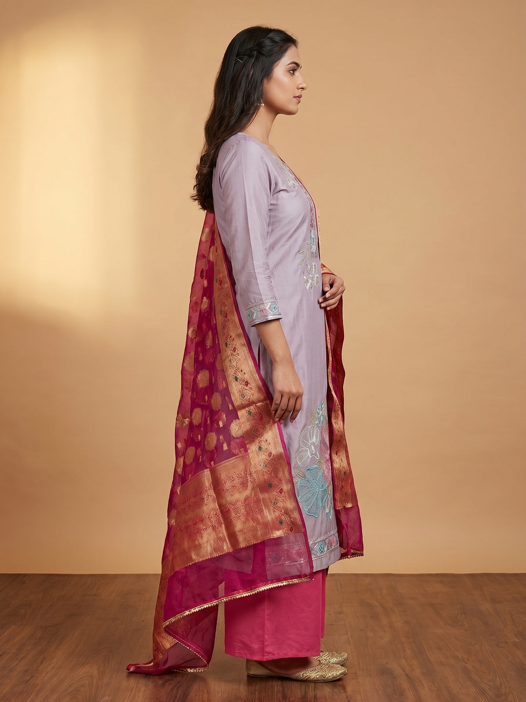Light Purple Floral Embroidered Cotton Silk Dress Material - Image 3