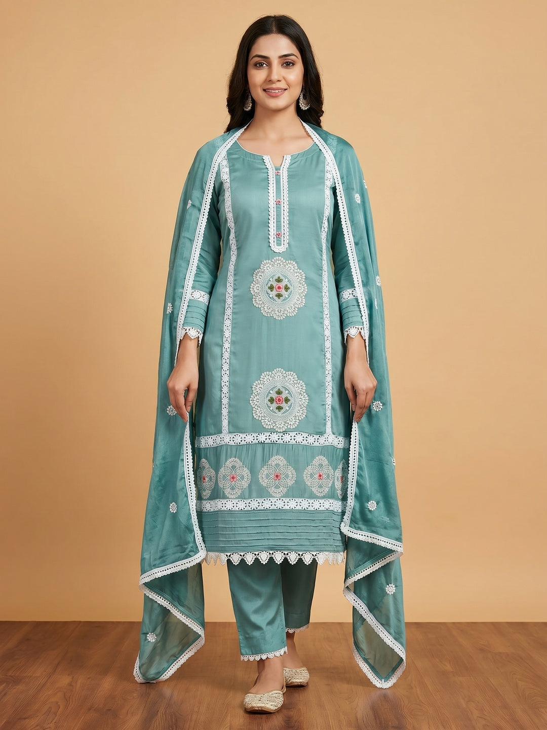 Rama Blue Floral Embroidered Cotton Silk Dress Material - Image 1