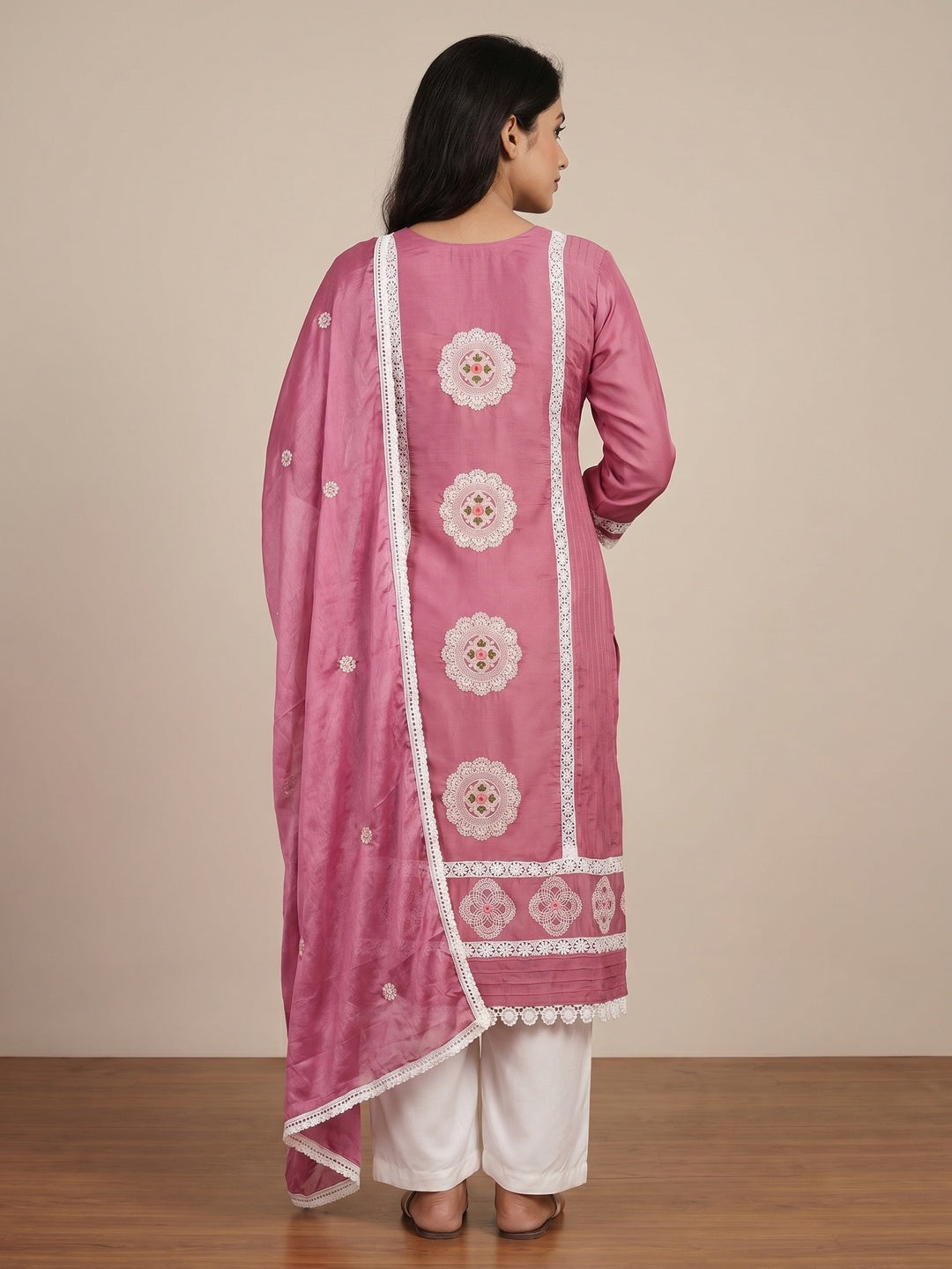 Pink Floral Embroidered Cotton Silk Dress Material - Image 2