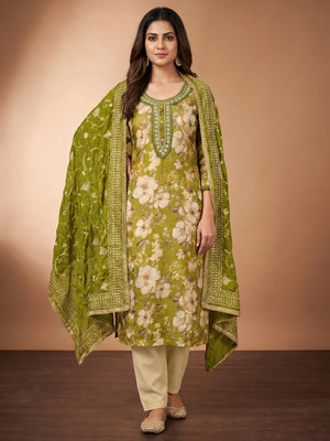 Green Floral Printed With Hand Embroidered Viscose Dress Material - Image 1