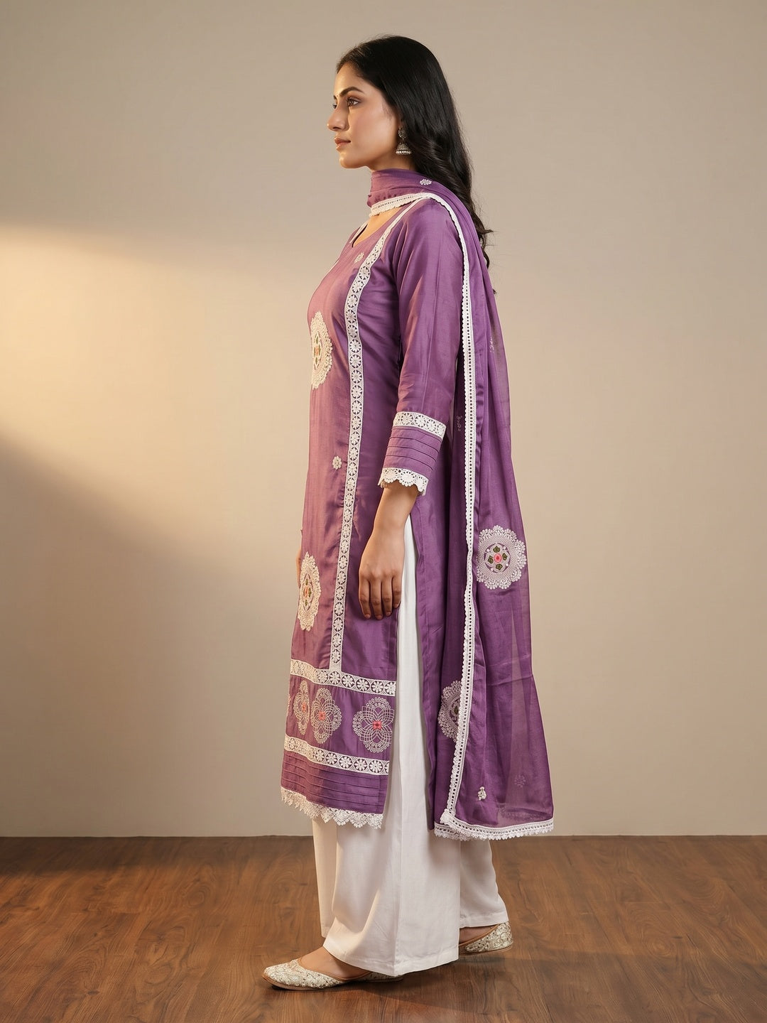 Purple Floral Embroidered Cotton Silk Dress Material - Image 3