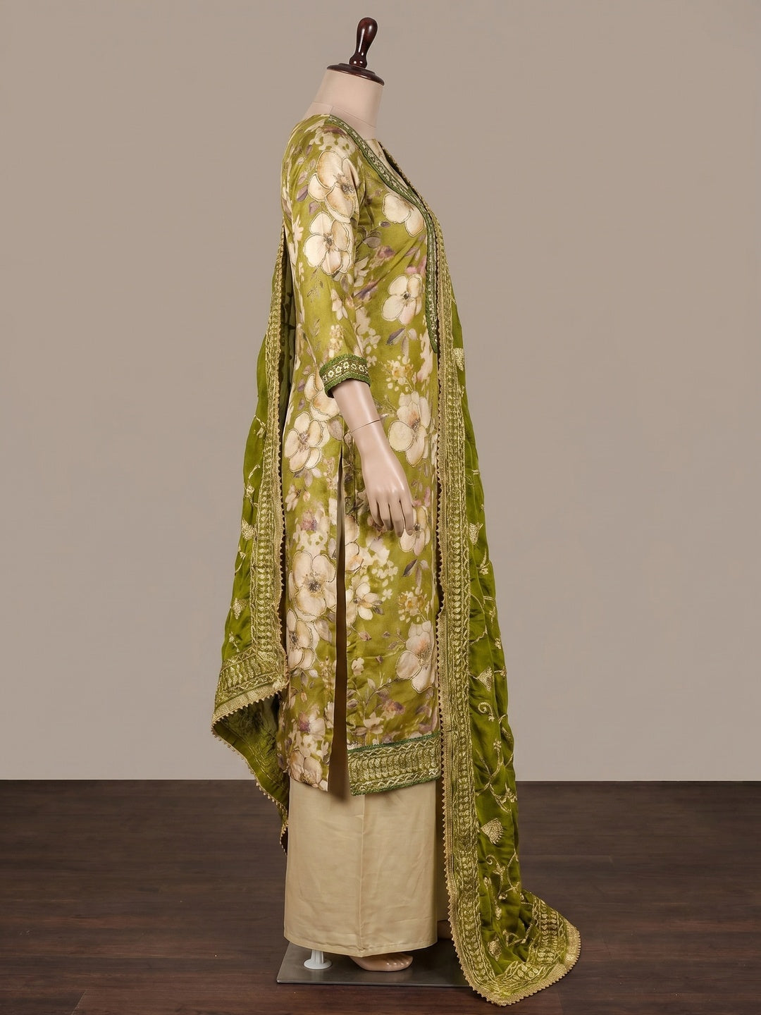 Green Floral Printed With Hand Embroidered Viscose Dress Material - Image 2