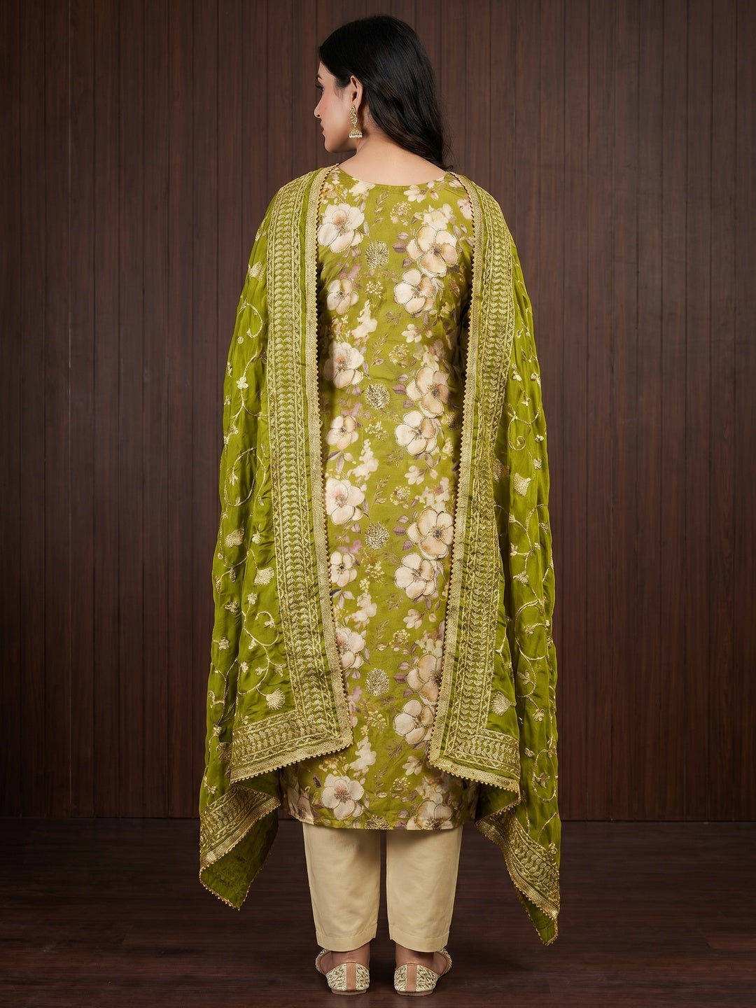 Green Floral Printed With Hand Embroidered Viscose Dress Material - Image 3