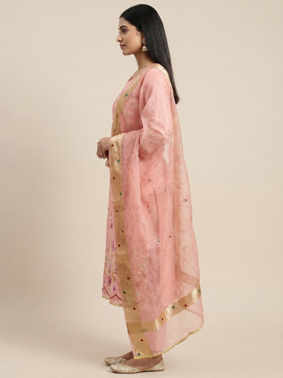 Peach Floral Hand Embroidered Organza Dress Material - Image 2