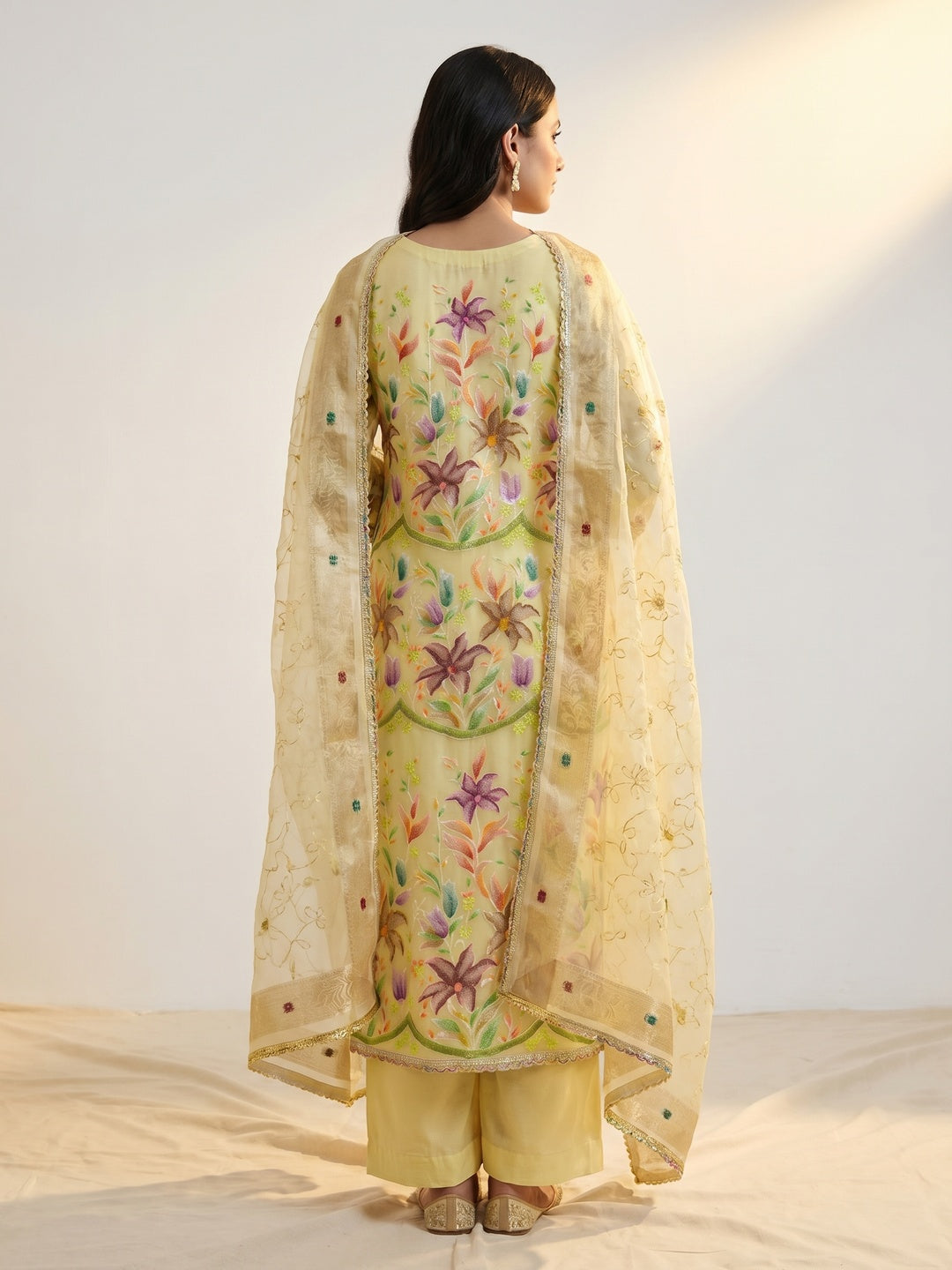 Yellow Floral Hand Embroidered Organza Dress Material - Image 3