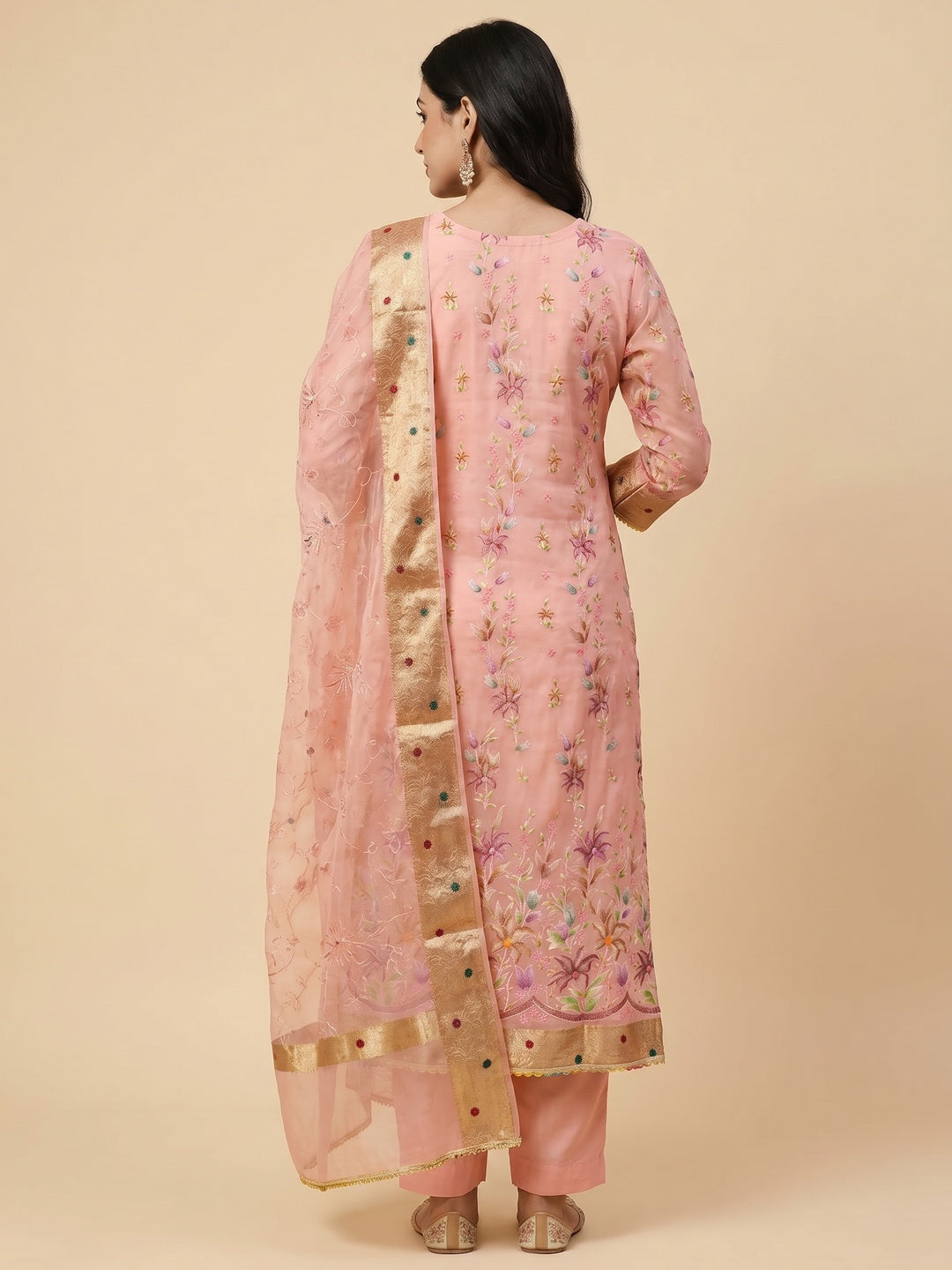 Peach Floral Hand Embroidered Organza Dress Material - Image 3