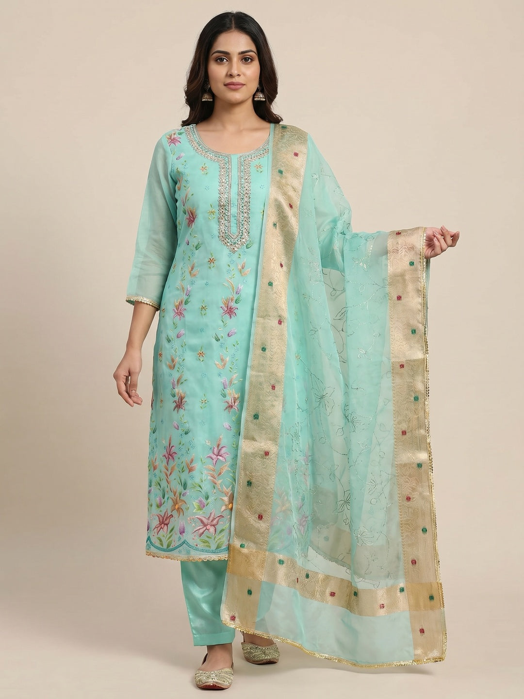 Turquoise Floral Hand Embroidered Organza Dress Material - Image 1