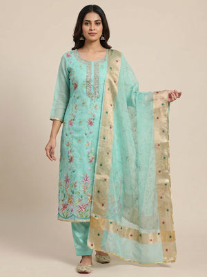 Turquoise Floral Hand Embroidered Organza Dress Material - Image 1